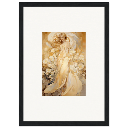 Ethereal female figure in golden robes amidst flowers for floral harmony canvas print