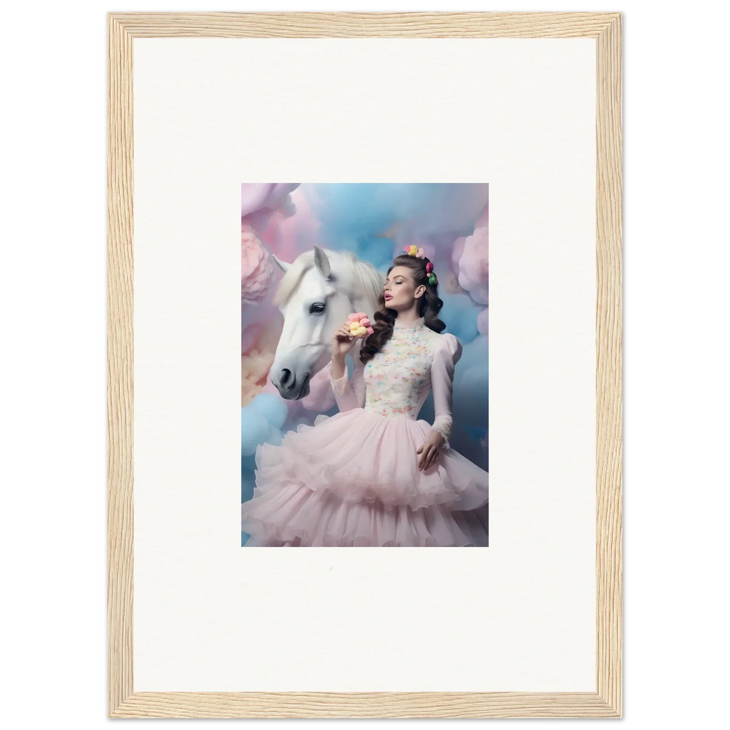 Framed photograph of a woman in a white gown posing with a white horse against a dreamy sky backdrop.