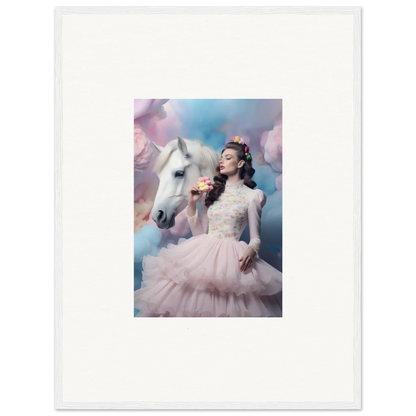 Framed photograph of a woman in a pink tulle gown posing with a white horse.