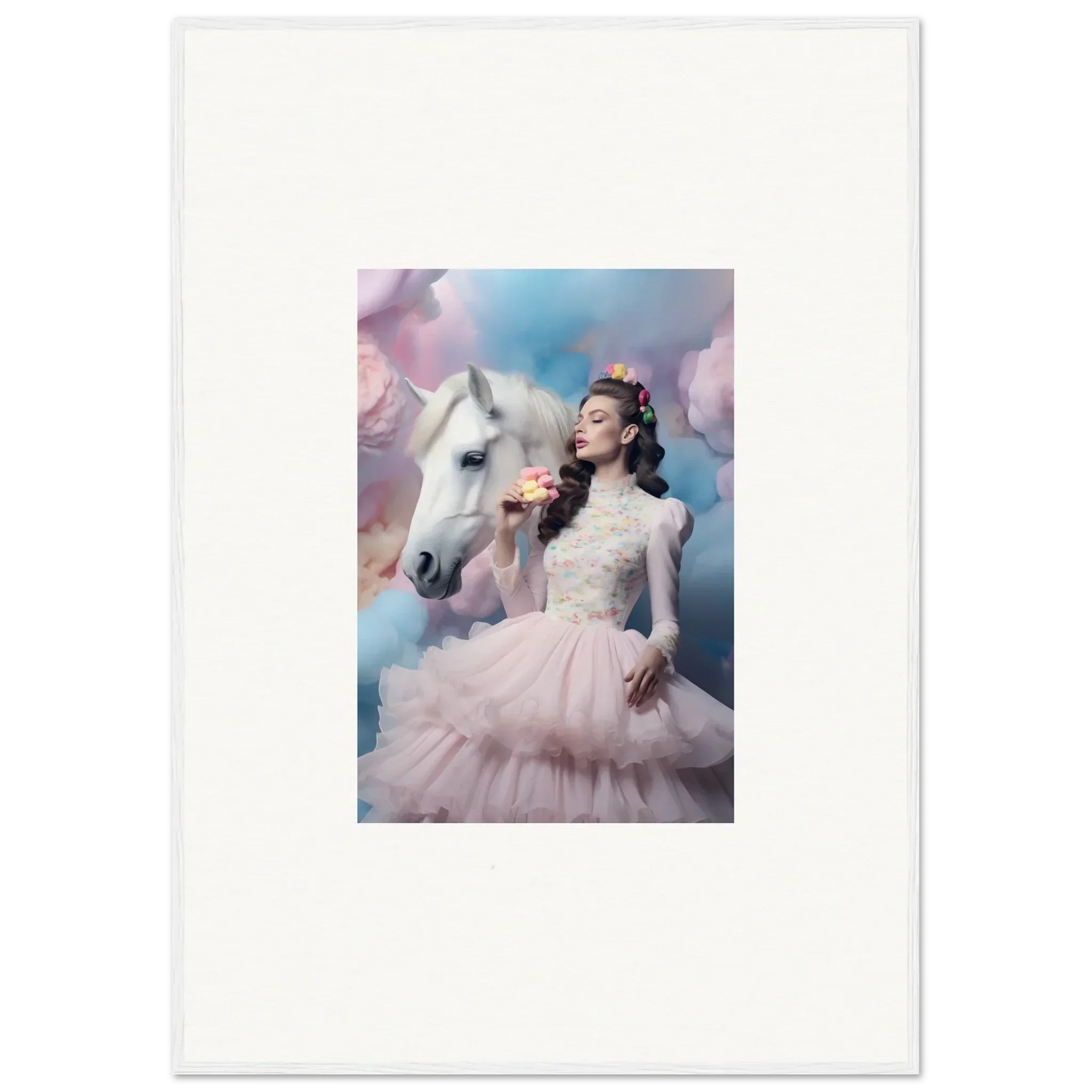 Framed photograph of a woman in a pink tulle gown posing with a white horse against a dreamy pastel sky.