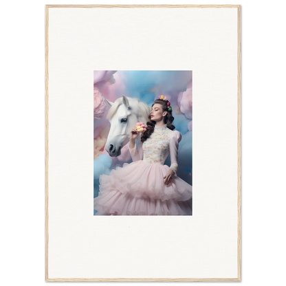 Framed photograph of a woman in a pink gown posing with a white horse.