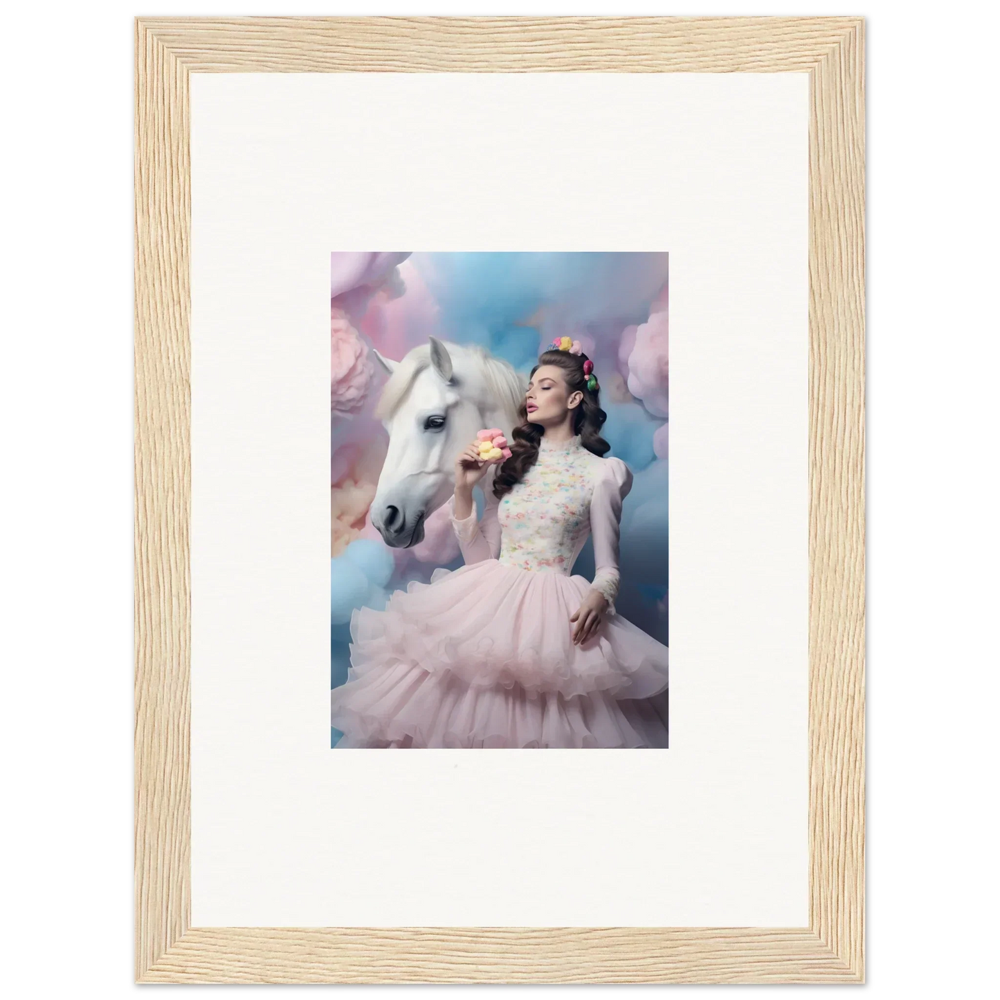 Framed photograph of a woman in a pink tulle gown posing with a white horse against a dreamy sky backdrop.