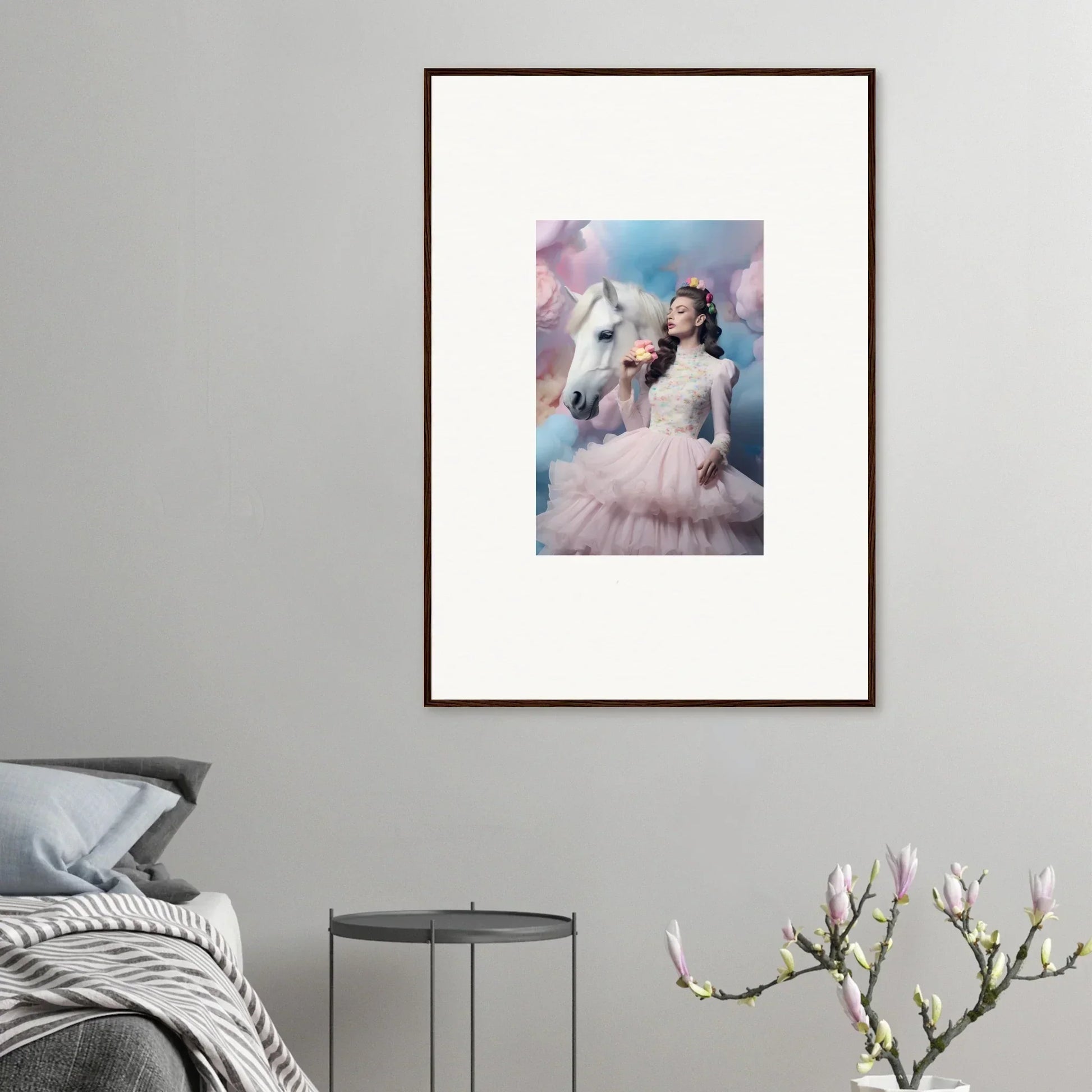 Framed artwork depicting a person in an ethereal white dress with a white horse against a dreamy pastel background.