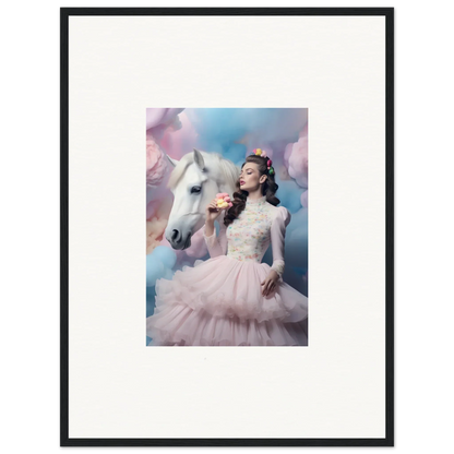 Framed photograph of a woman in a pink gown posing with a white horse.