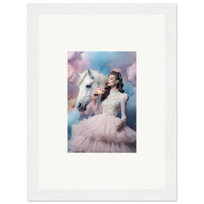 Framed photograph of a woman in a pink tulle gown posing with a white horse.