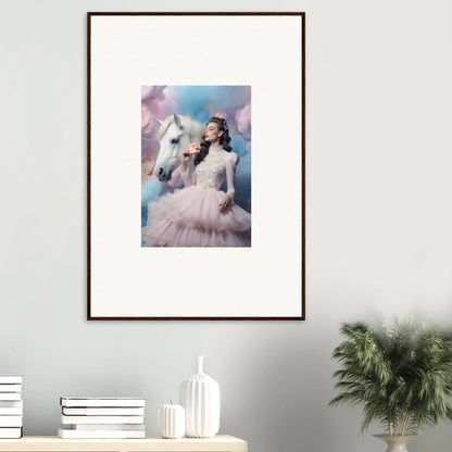 Framed portrait of a woman in a white dress posing with a white horse against a dreamy pastel background.