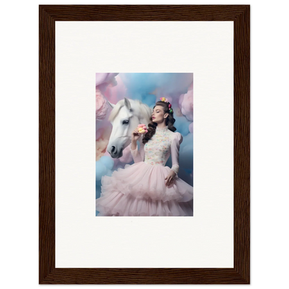 Framed photograph of a woman in a pink gown posing with a white horse.