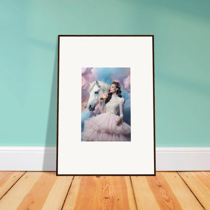 Framed artwork depicting a woman in a white dress with a unicorn against a dreamy background.