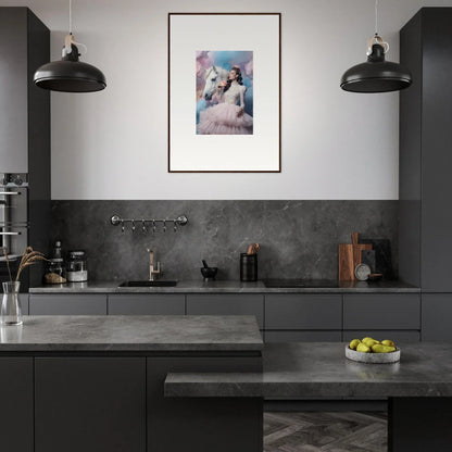 Modern kitchen with dark gray cabinetry and countertops, featuring a framed pastel-colored artwork on the wall.