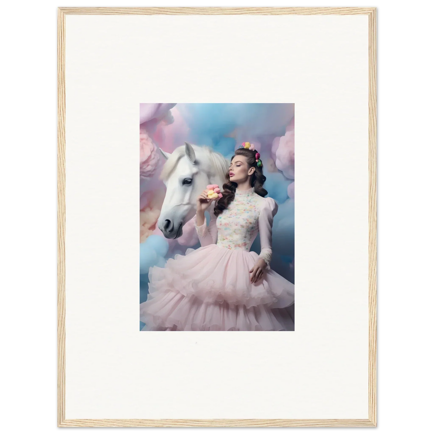 Framed photograph of a woman in a pink tulle dress posing with a white horse.