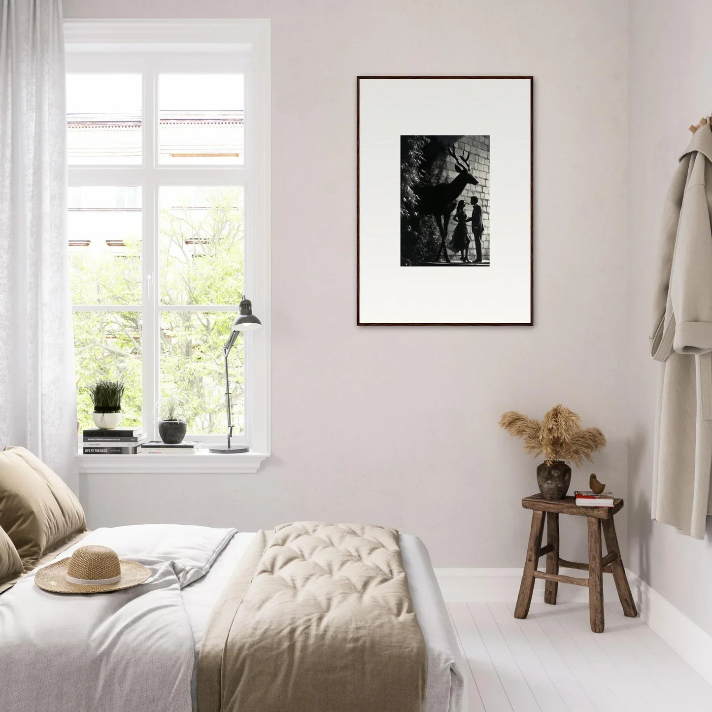 Cozy bedroom with neutral color palette and minimalist decor.