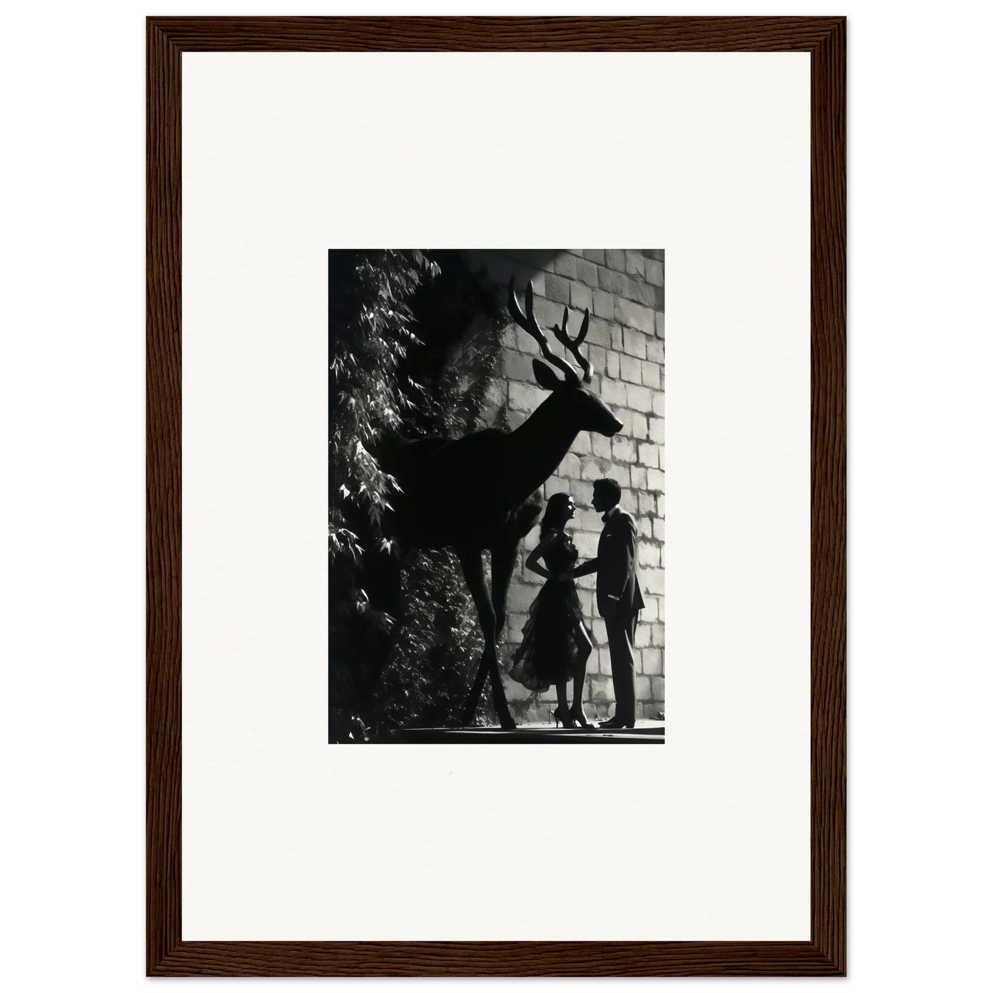 Black and white photograph of silhouettes depicting a deer and two human figures against a wall.