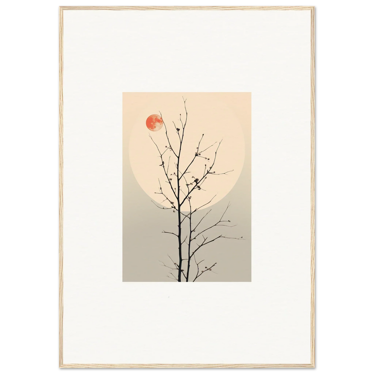 Minimalist canvas print of a bare tree branch with a red sun for room decoration in Whisperers Elegy