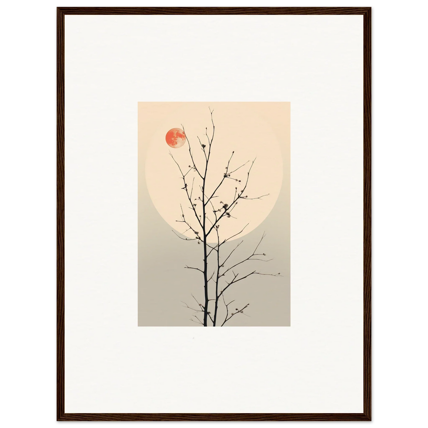 Framed minimalist canvas print of Whisperers Elegy with a bare tree branch and red sun