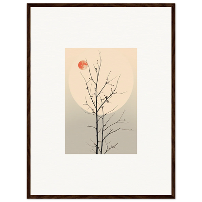 Framed minimalist canvas print of Whisperers Elegy with a bare tree branch and red sun