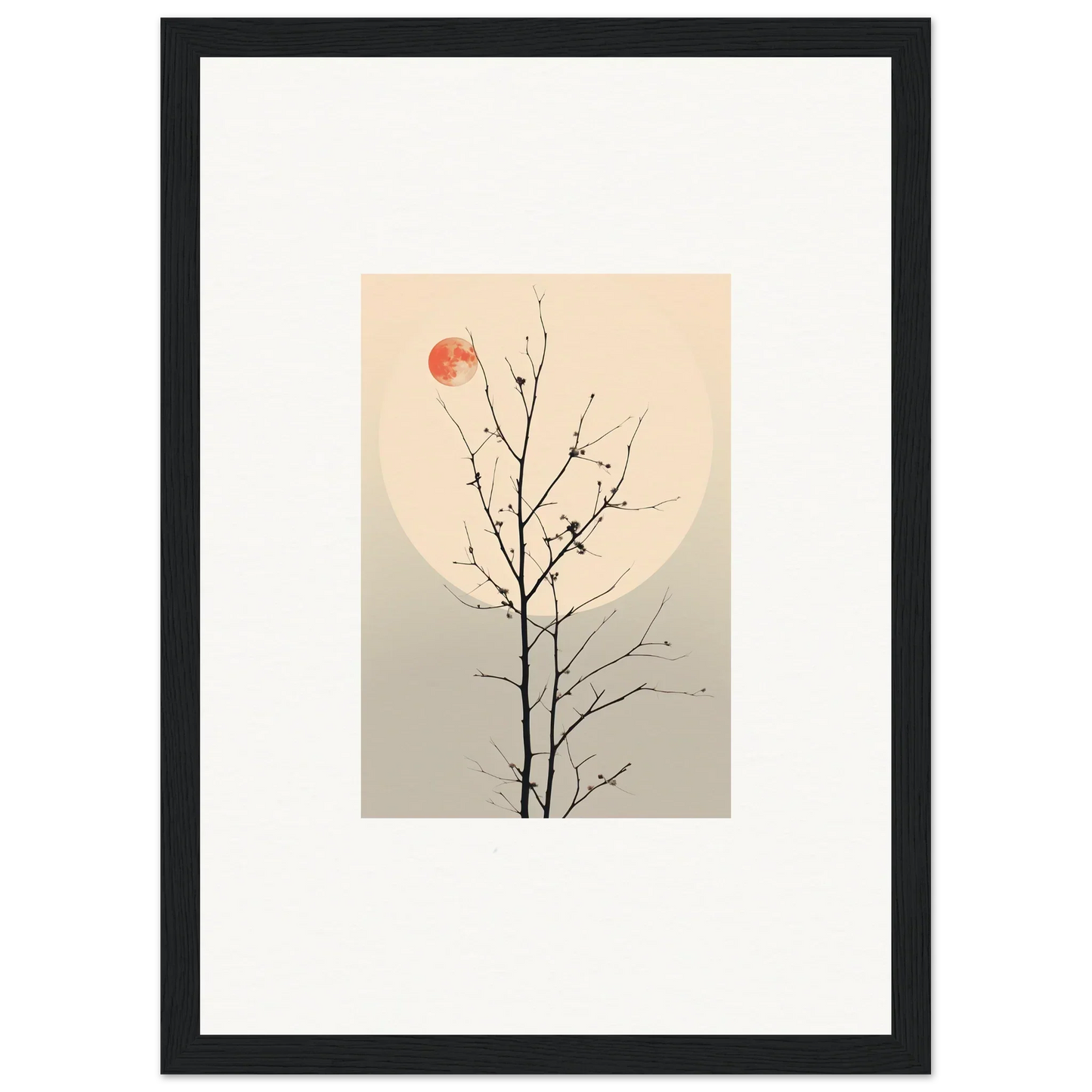 Bare tree branch silhouette with red sun, perfect for Moonlit Whisperers Elegy canvas print