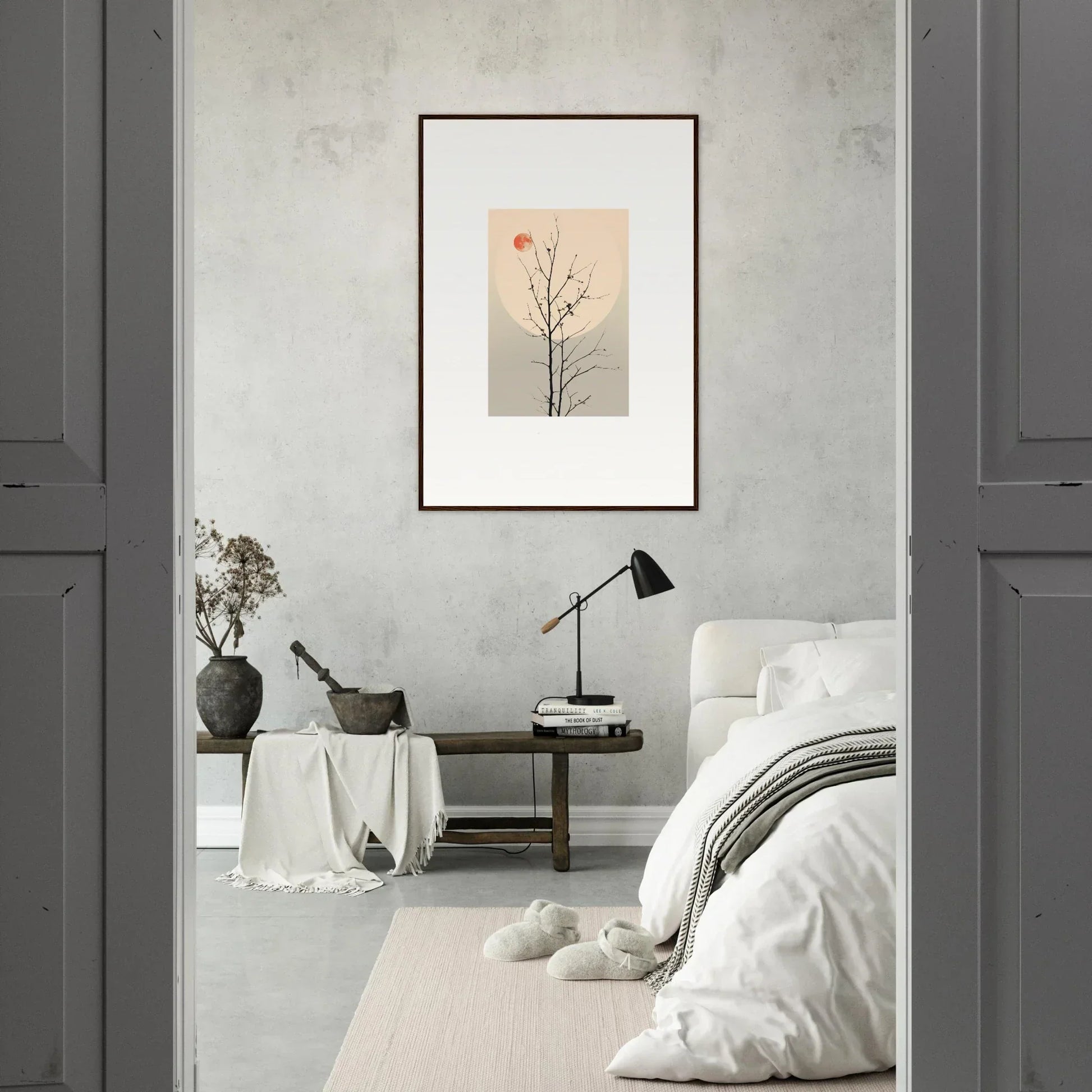 Framed minimalist canvas print of a bare tree branch with a red dot for stylish room decoration