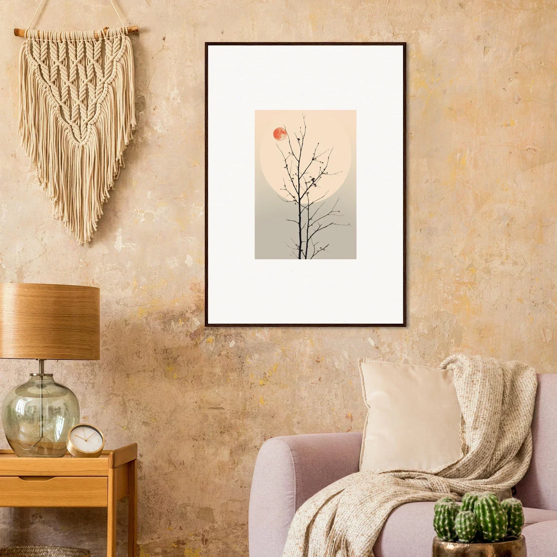 Framed minimalist canvas print of a bare tree branch with a red sun for room decoration