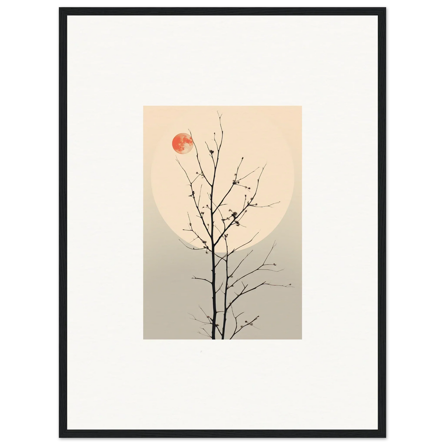 Minimalist canvas print of a bare tree branch with a red sun for Room Decoration