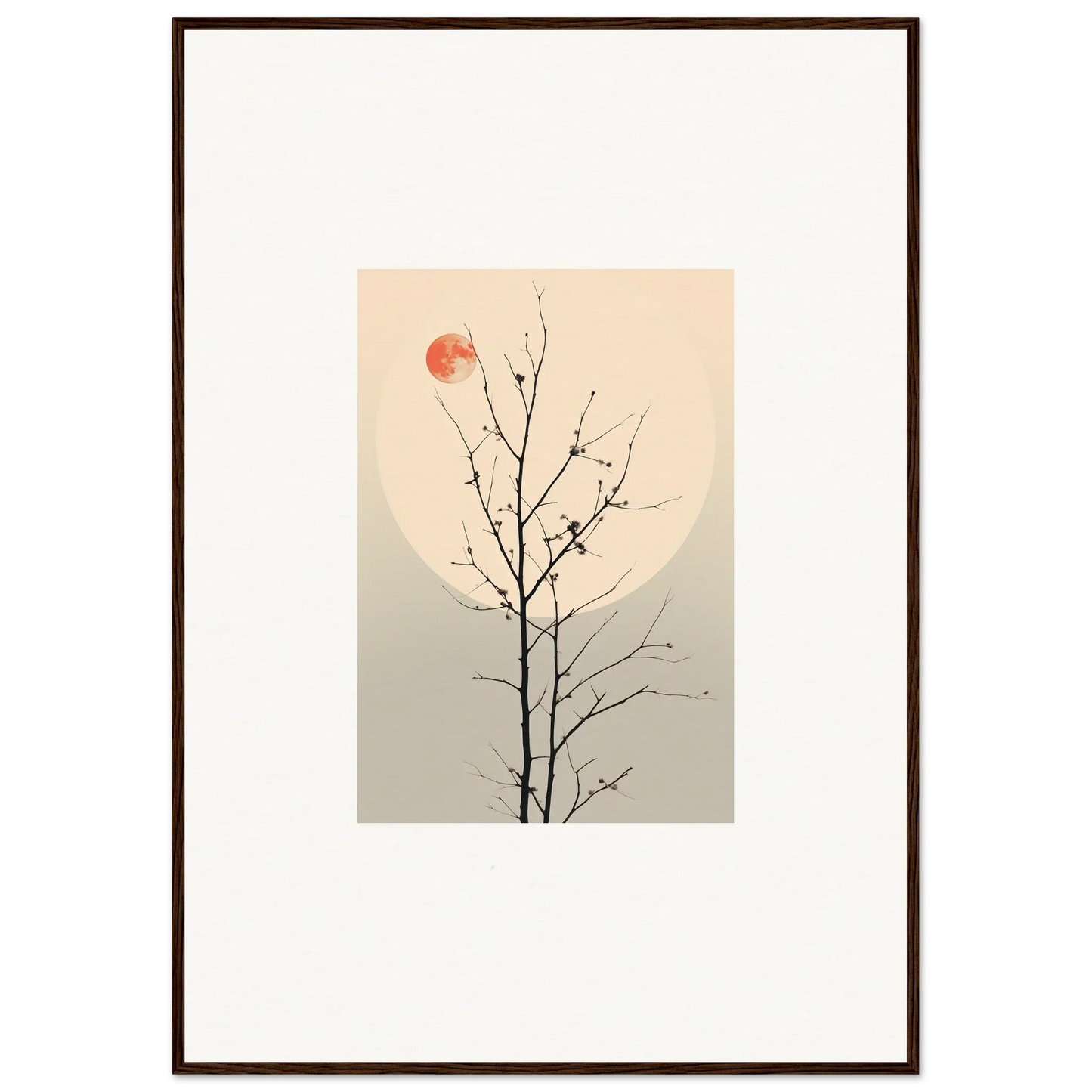 Framed minimalist canvas print of a bare tree branch with a red sun for room decoration