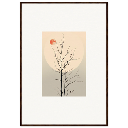 Framed minimalist canvas print of a bare tree branch with a red sun for room decoration