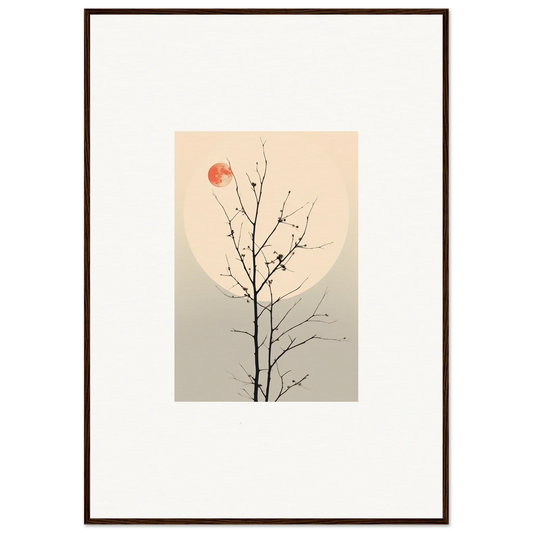 Framed minimalist canvas print of a bare tree branch with a red sun for room decoration