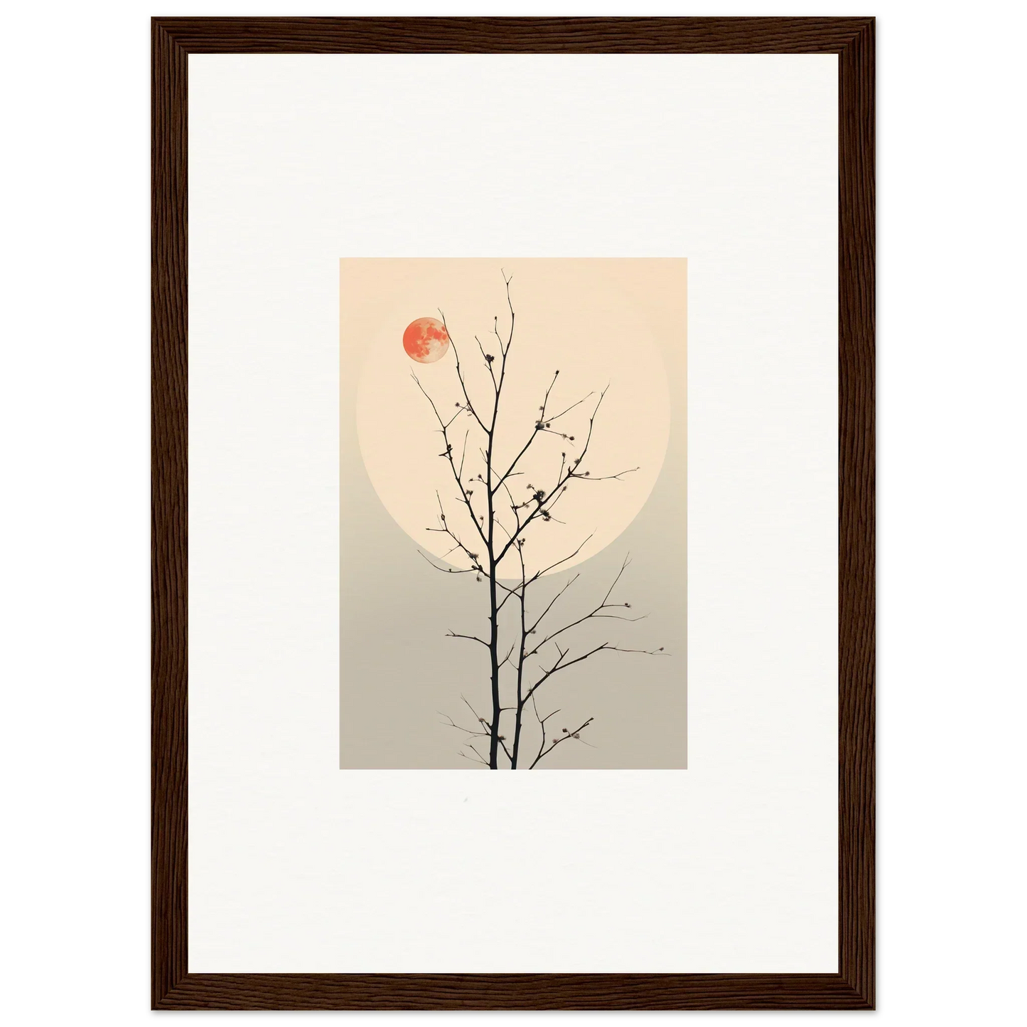 Minimalist canvas print of a bare tree branch with a red sun for unique room decoration