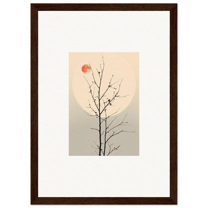 Minimalist canvas print of a bare tree branch with a red sun for unique room decoration