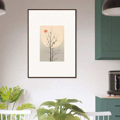 Framed minimalist artwork of a bare tree branch with a red sun, perfect for room decoration