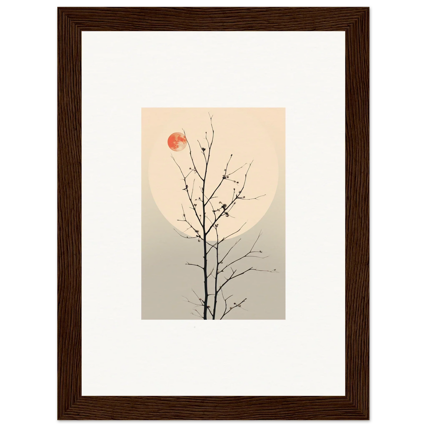 Minimalist canvas print of a bare tree branch with a red sun for room decoration