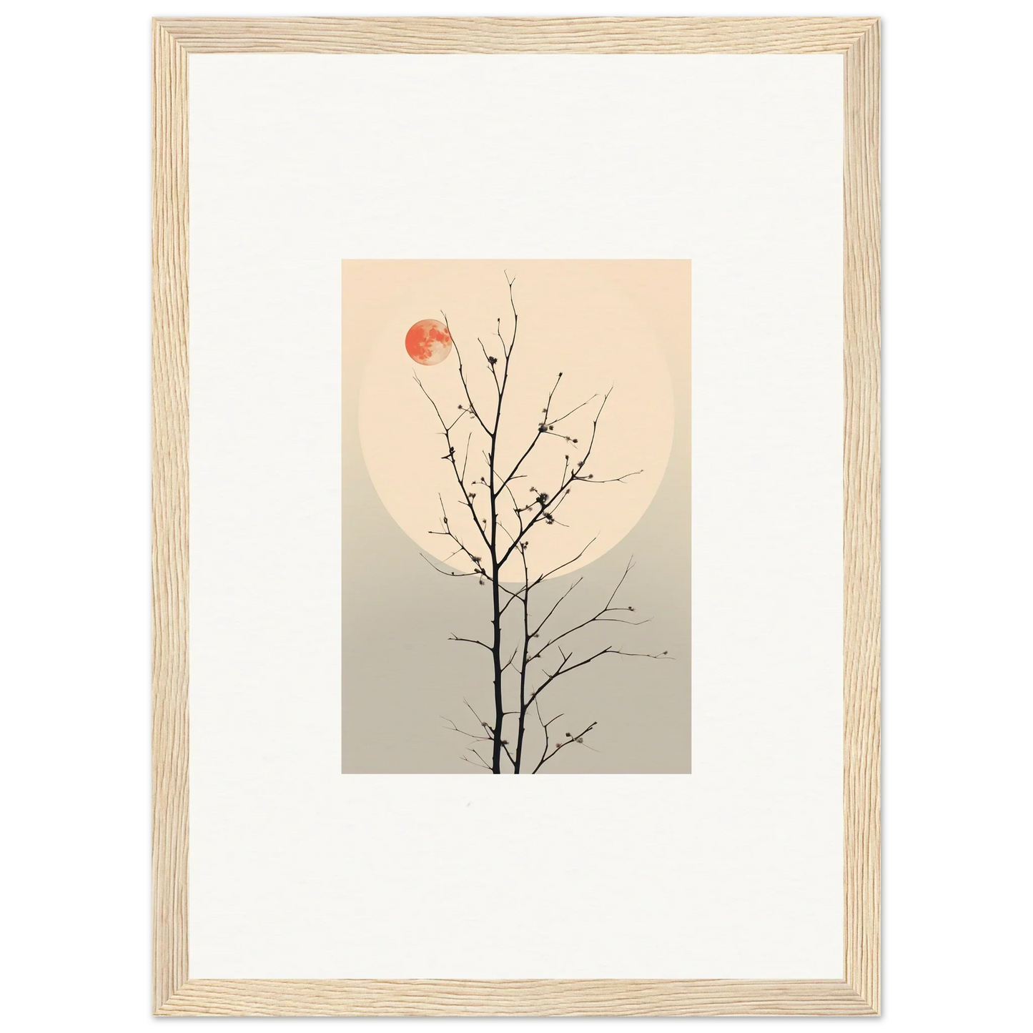 Minimalist canvas print of a bare tree branch with a red sun for Room Decoration