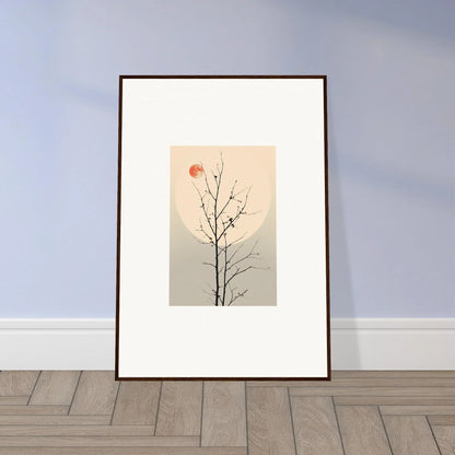 Framed minimalist artwork of a tree branch and red sun, perfect for room decoration