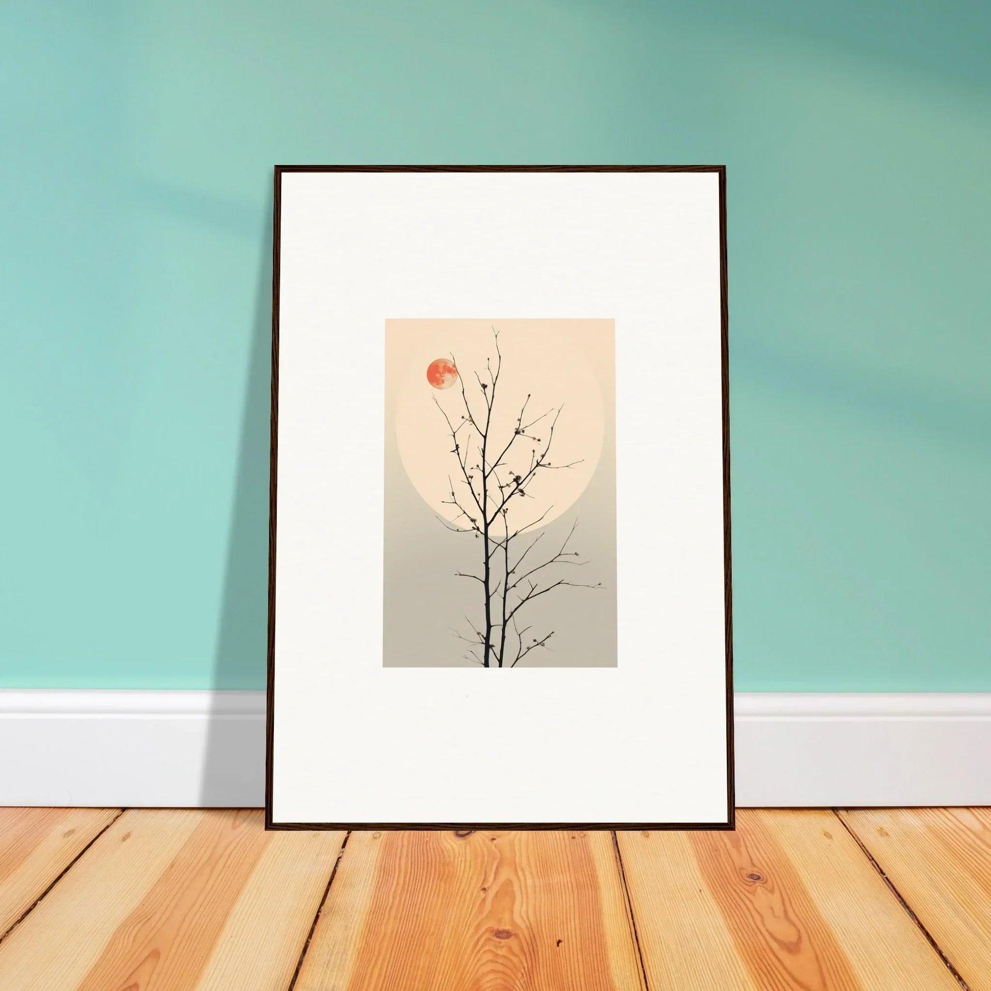 Framed canvas print of a bare tree branch with red sun, perfect for whisperers elegy room decoration