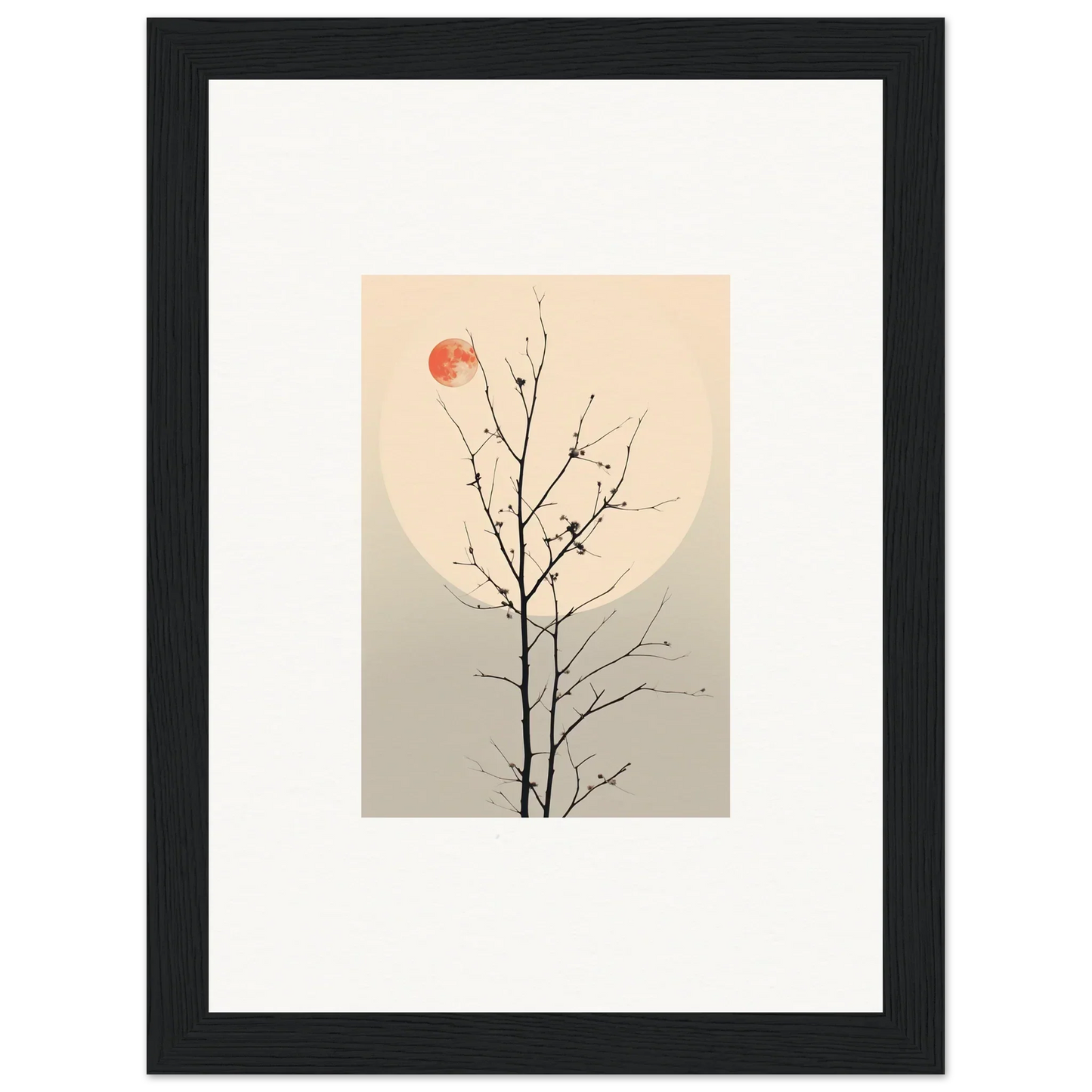 Minimalist illustration of a bare tree branch with a red sun, perfect for Moonlit Whisperers Elegy canvas print