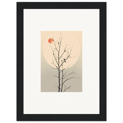 Minimalist illustration of a bare tree branch with a red sun, perfect for Moonlit Whisperers Elegy canvas print