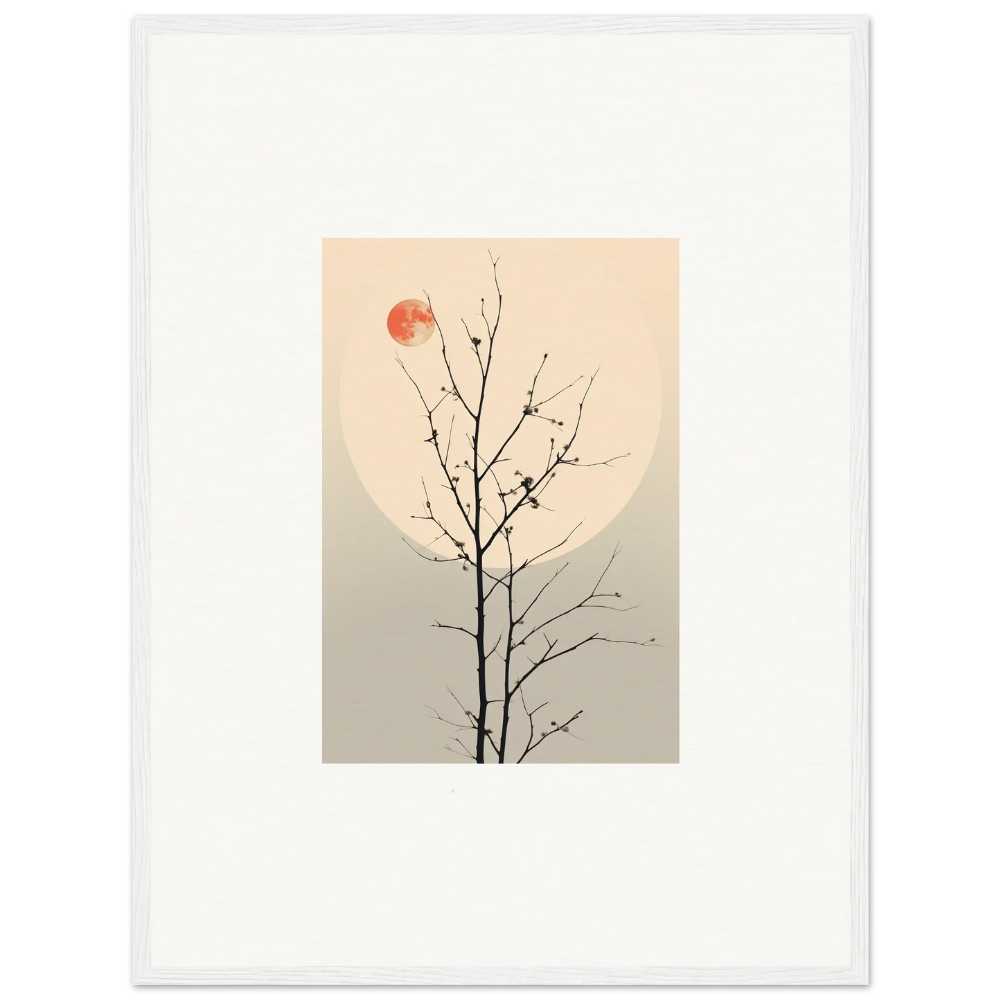 Minimalist canvas print of a bare tree branch with a red sun for Whisperers Elegy room decoration