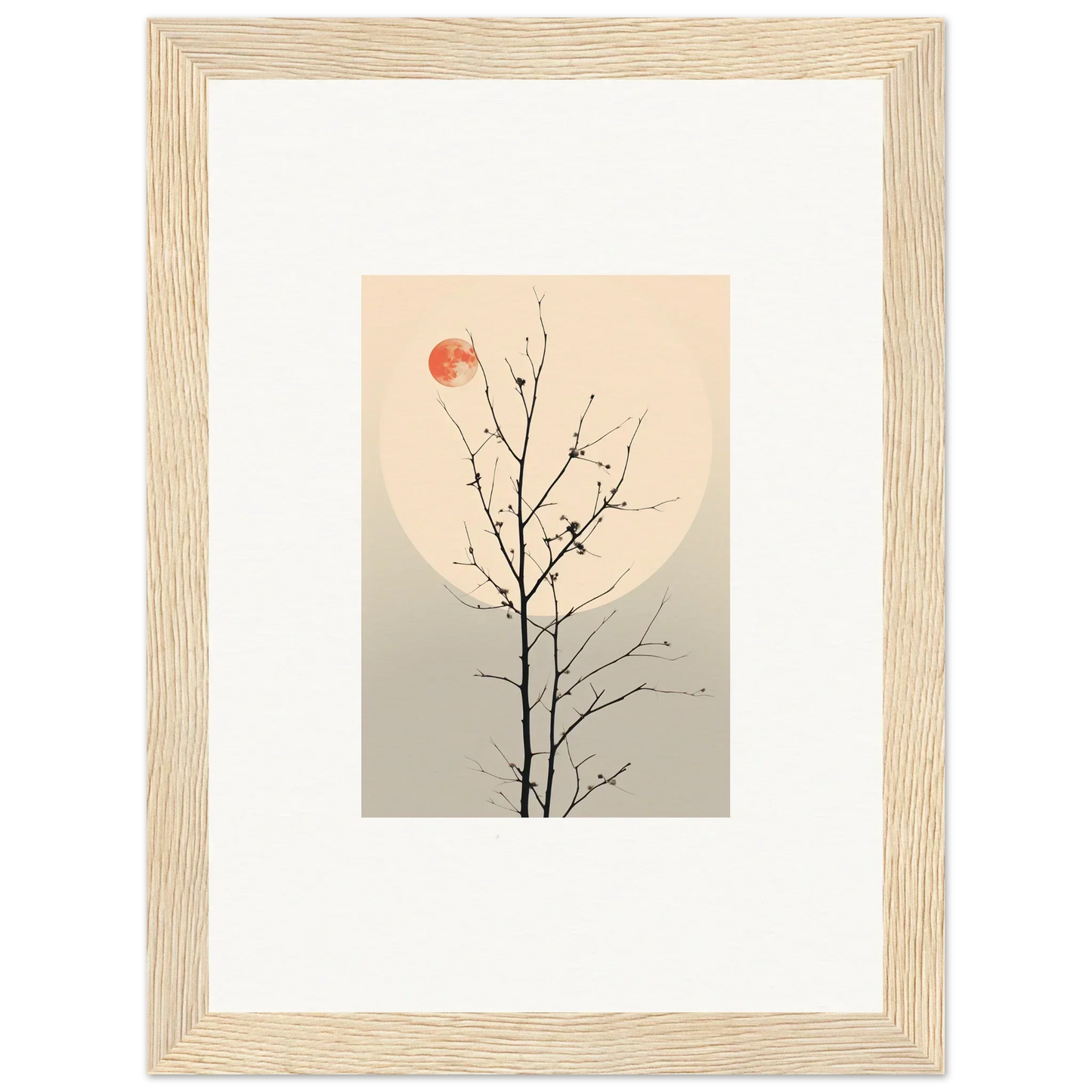 Framed minimalist canvas print of a bare tree branch with a red sun for room decoration