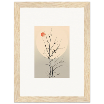 Framed minimalist canvas print of a bare tree branch with a red sun for room decoration