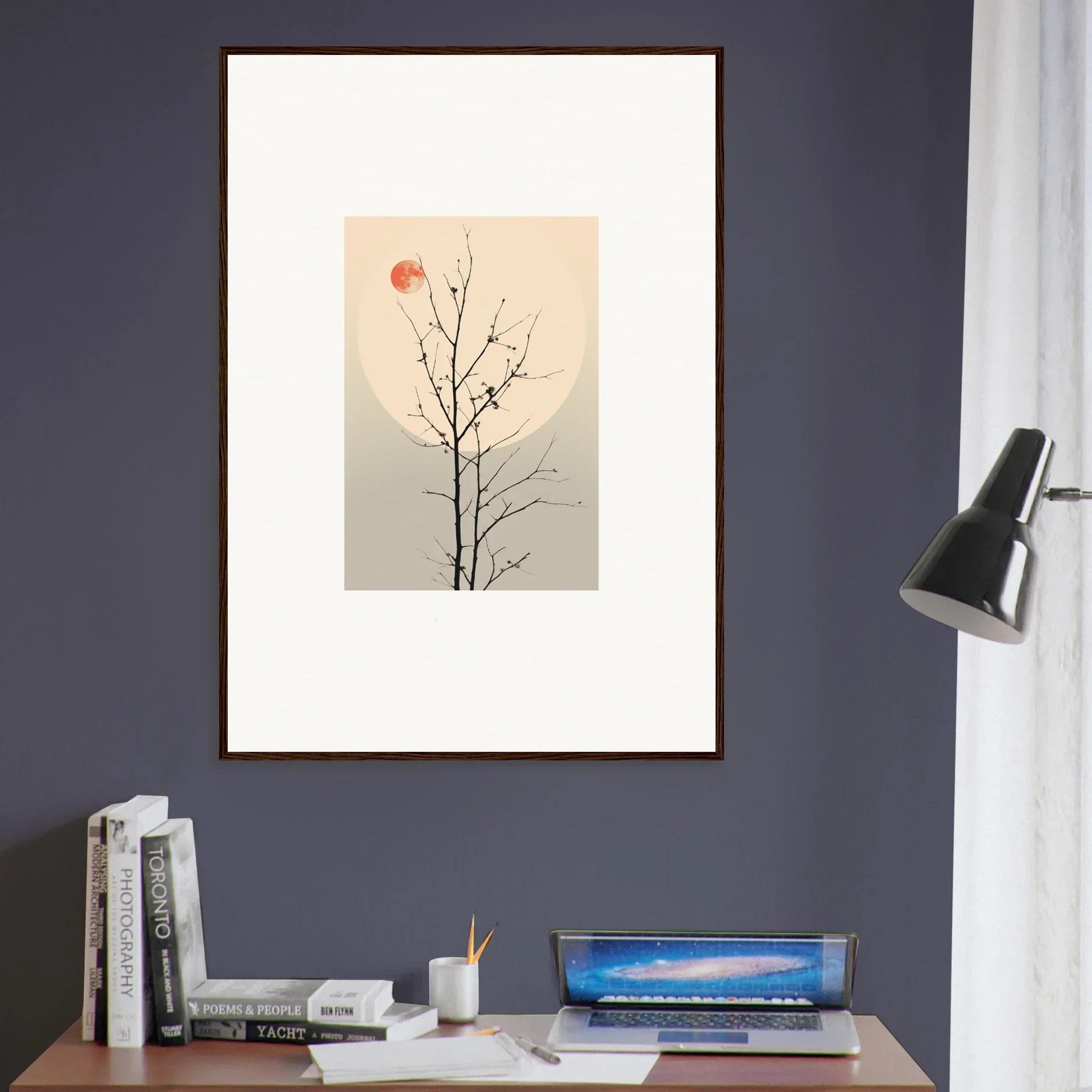 Framed canvas print of Whisperers Elegy with bare tree branch and red sun for room decoration