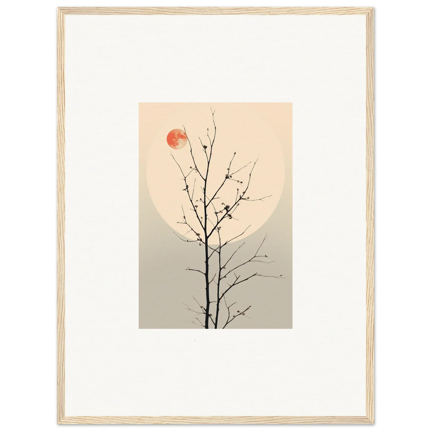 Framed minimalist canvas print of a tree branch with a red sun for whisperers elegy decor