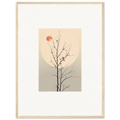 Framed minimalist canvas print of a tree branch with a red sun for whisperers elegy decor