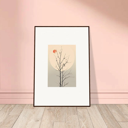 Framed minimalist tree branch canvas print with red sun, perfect for room decoration