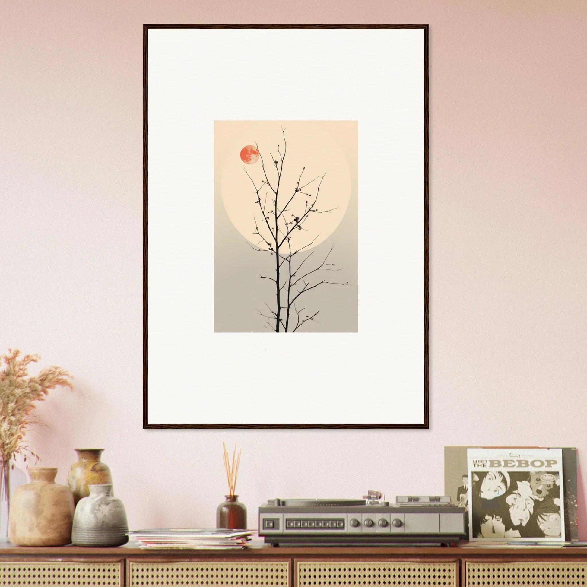 Framed canvas print of a bare tree branch with red leaf, perfect for whisperers elegy room decoration