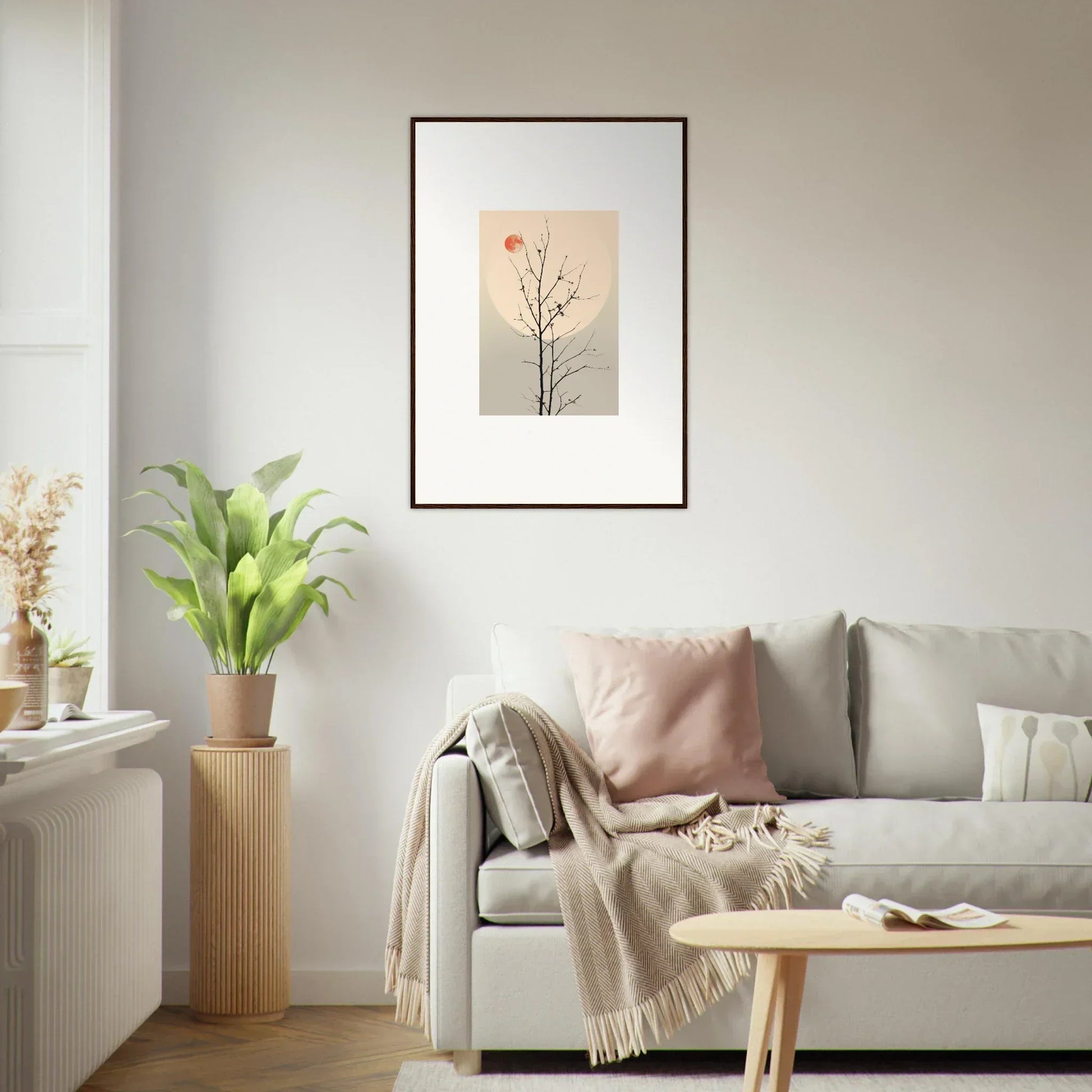 Framed minimalist canvas print of tree branch with red leaf for room decoration