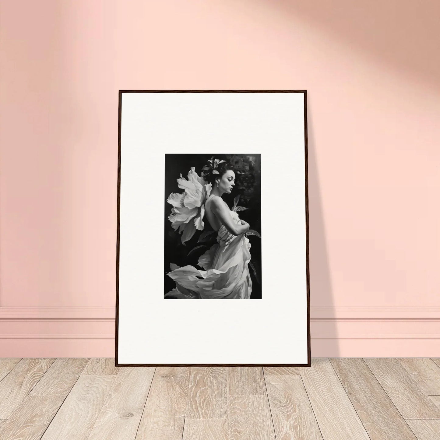 Framed black and white canvas print of a person in flowing fabric for room decoration