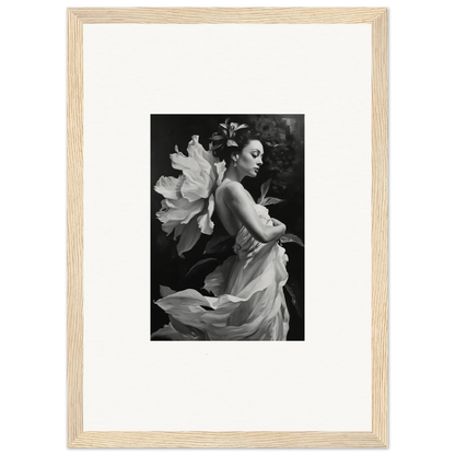 Black and white photo of a woman in a flowing dress, perfect for Duet Chrysalis canvas print