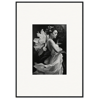 Black and white photo of a woman in flowing fabric with a flower for Duet Chrysalis canvas print