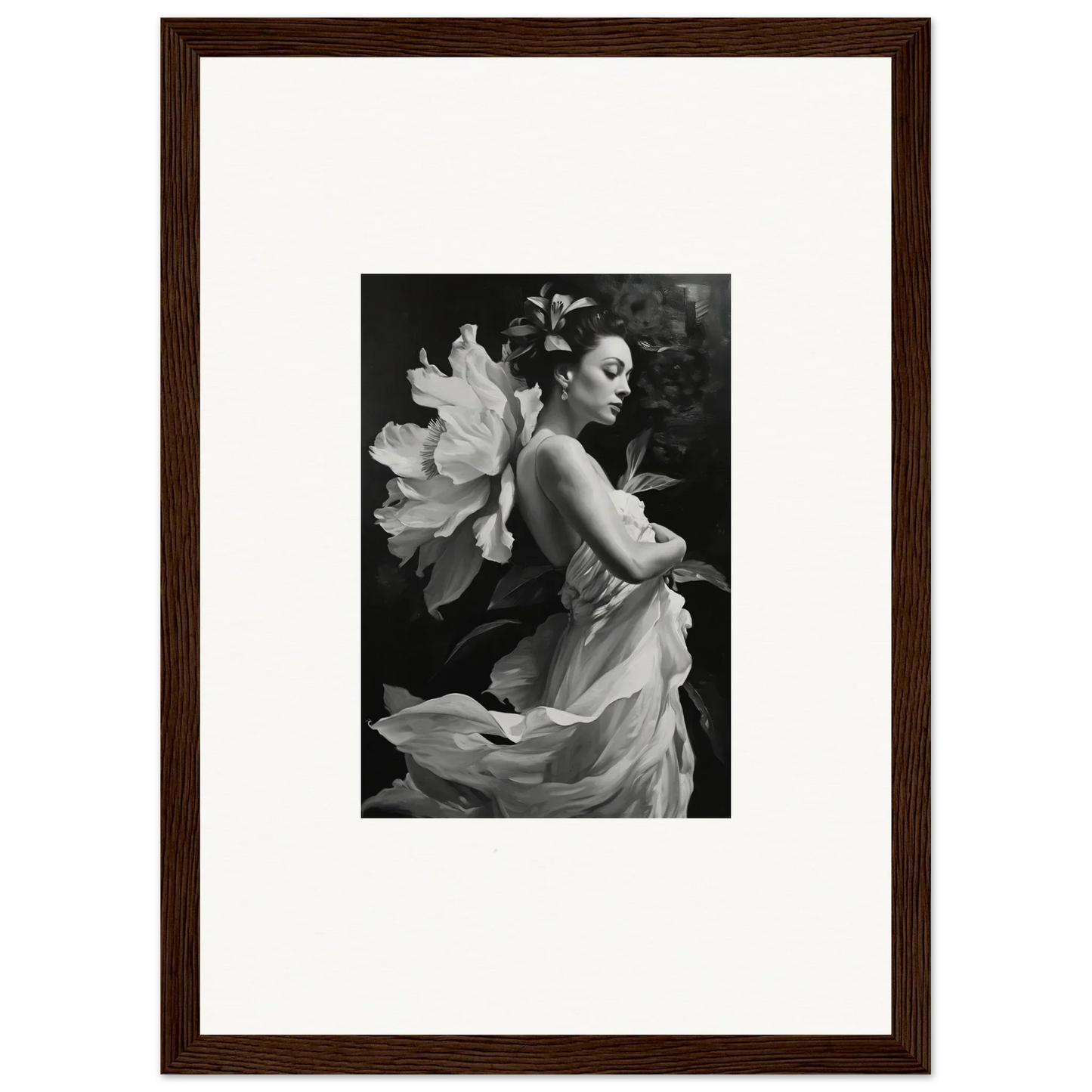 Black and white canvas print of a woman in a flowing dress for duet chrysalis room decoration