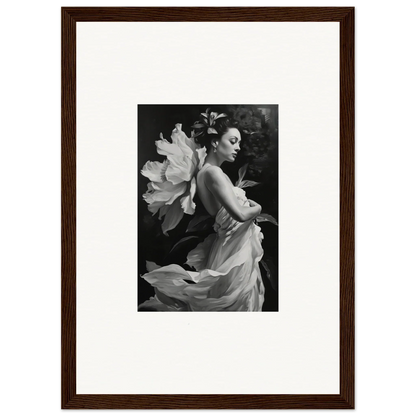 Black and white canvas print of a woman in a flowing dress for duet chrysalis room decoration