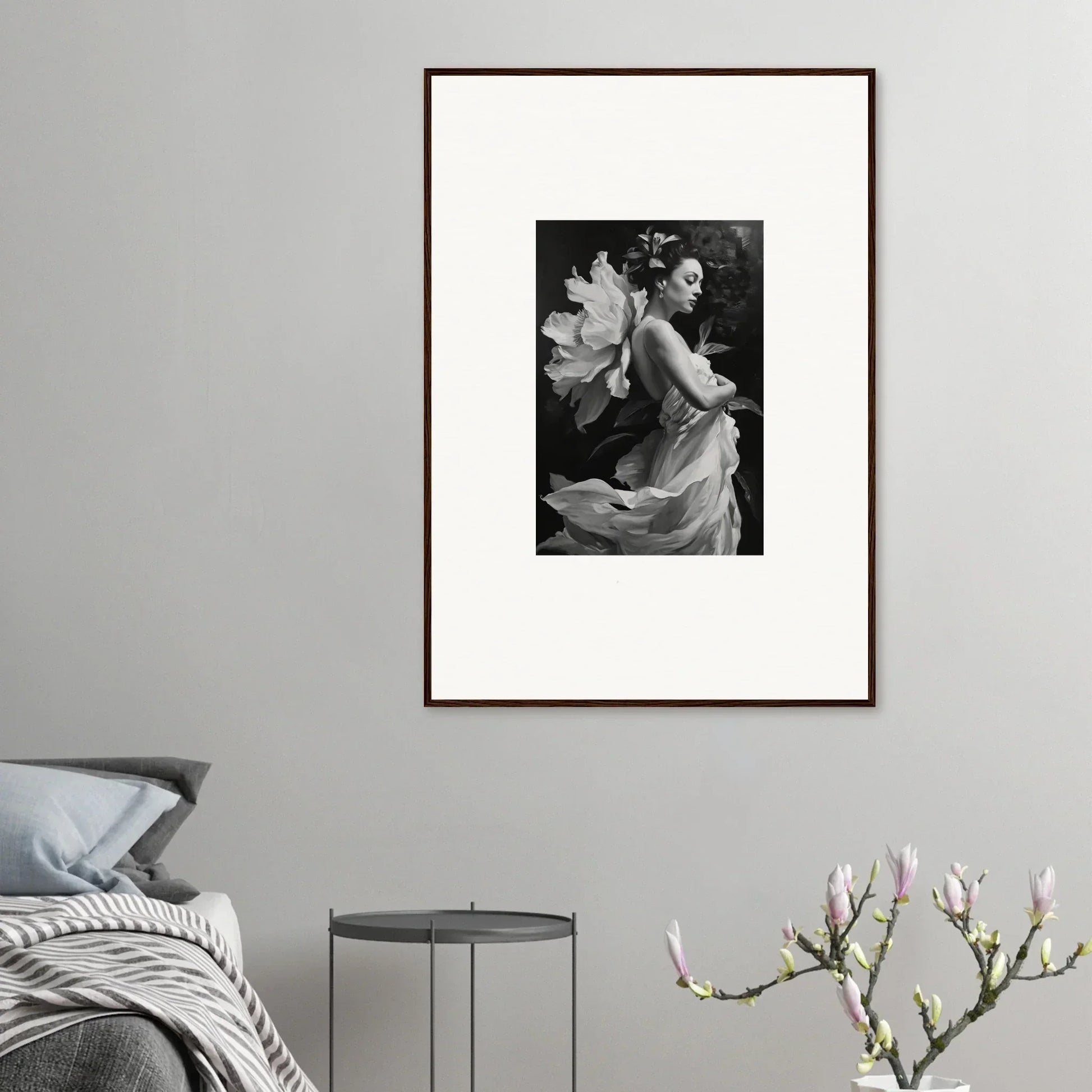 Framed black and white canvas print of a woman in a flowing dress, perfect for duet chrysalis room decoration